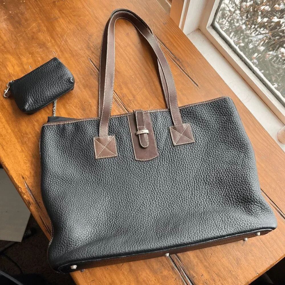 Talbots Made in Italy Black Pebbled Leather Tote Bag w/ Pouch